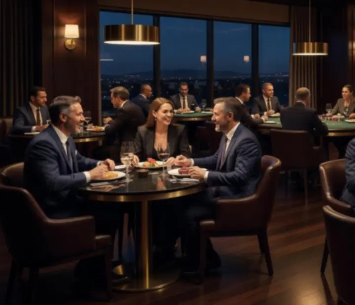 Cinematic evening scene at a luxury Australian restaurant with gourmet dishes and poker tables.