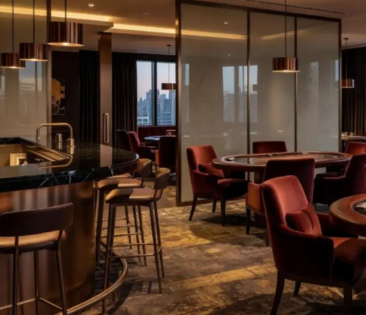 Boutique poker lounge interior with premium poker tables, charcoal finishes, and warm brass lighting.