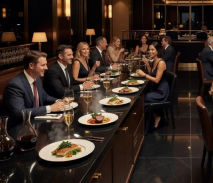 Cinematic evening at TheAceAndEmber with guests dining beside luxury poker tables under warm architectural lighting.