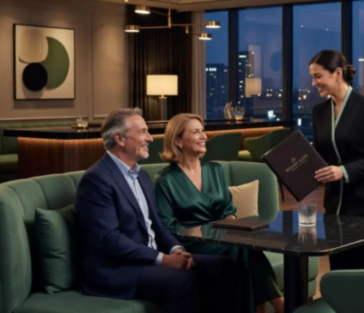 Cinematic view of guests enjoying cocktails and poker in a luxury Australian restaurant