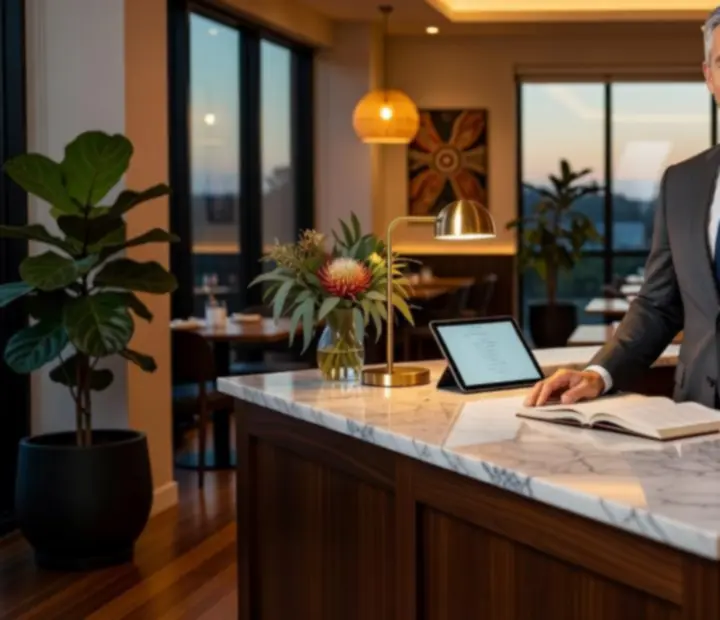 Elegant concierge team member at TheAceAndEmber assisting guests with reservations