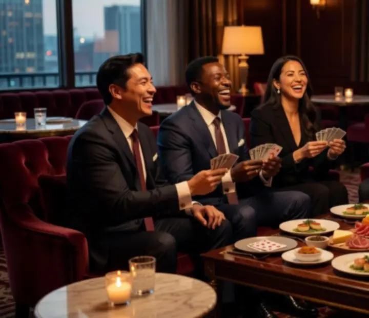 Guests toasting cocktails around a poker table at TheAceAndEmber.