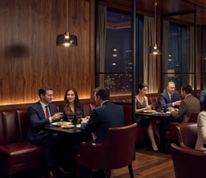 Warm walnut and glass interior of TheAceAndEmber with guests gathered around poker tables and dining settings.