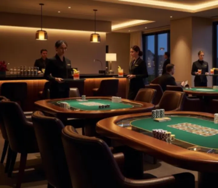 Editorial interior shot of TheAceAndEmber poker lounge with cinematic lighting and guests enjoying the evening.