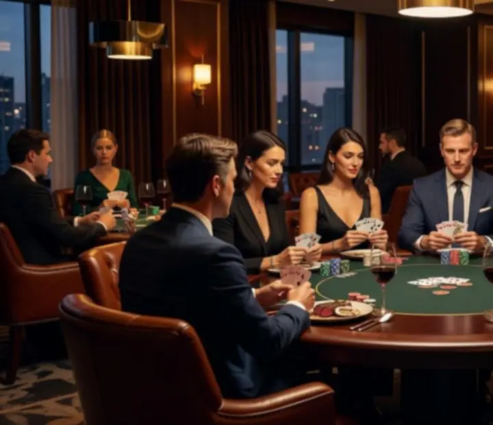 Cinematic evening at a luxury Australian restaurant with guests dining beside premium poker tables and warm architectural lighting.