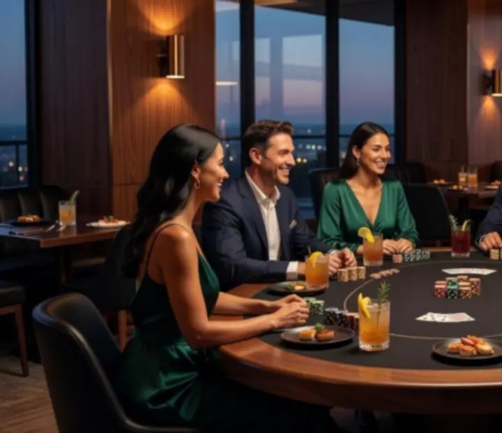 Guests enjoying a luxury offline poker night at TheAceAndEmber with gourmet dishes and cocktails