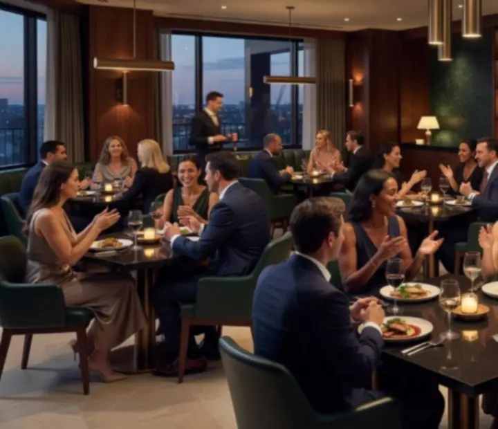 Luxury Australian restaurant interior with gourmet dishes, poker tables and warm evening lighting at TheAceAndEmber.