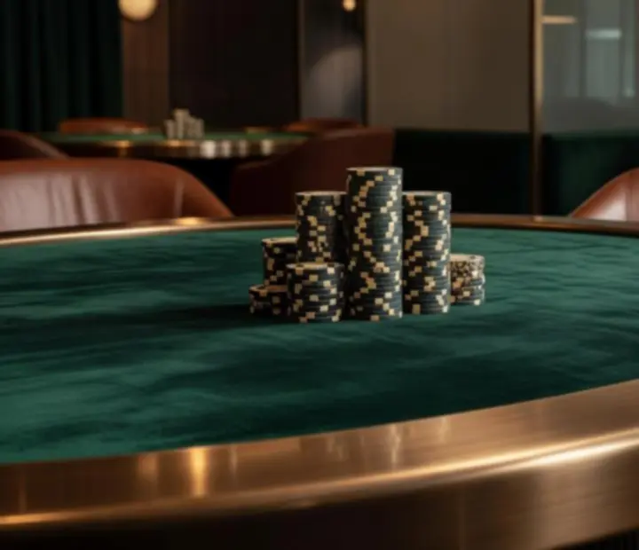 Detail of a luxury poker table with leather and brass finishes at TheAceAndEmber.
