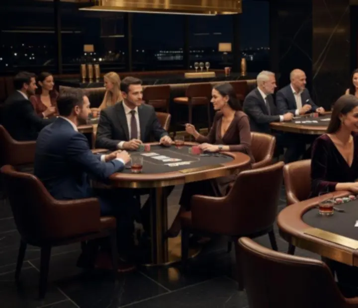 Guests enjoying a refined social poker evening in a cinematic Australian restaurant setting.