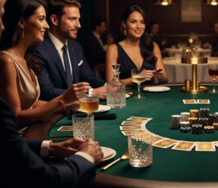 Guests enjoying a refined offline poker night with cocktails at TheAceAndEmber