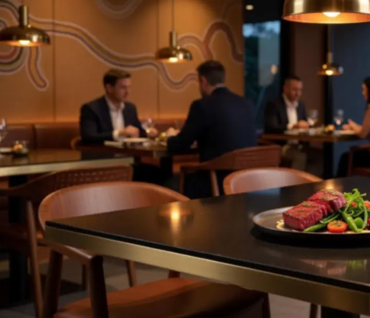 Cinematic Australian cuisine plated in a dark luxury restaurant setting