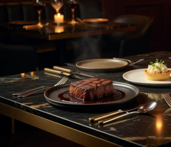 Selection of signature Australian dishes presented in a luxury restaurant setting