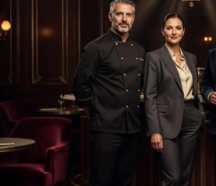 Executive hospitality team standing together inside a luxury Australian restaurant and poker lounge.