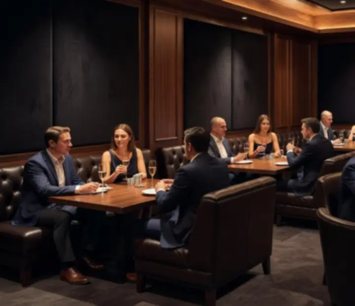 Architecturally designed interior with dark timber, black stone, soft lighting, and premium poker tables.