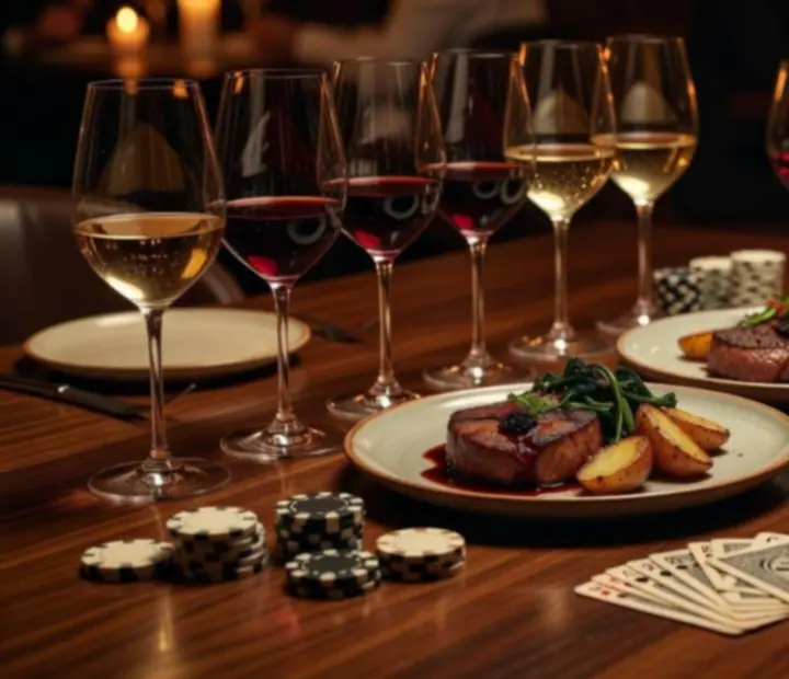 Glasses of wine and cocktails arranged on a dark stone bar at TheAceAndEmber for an evening pairing event.